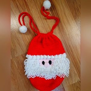 Vintage Handmade Crochet Knit Santa Face Purse Bag Sack Pom Pom Drawstring Red